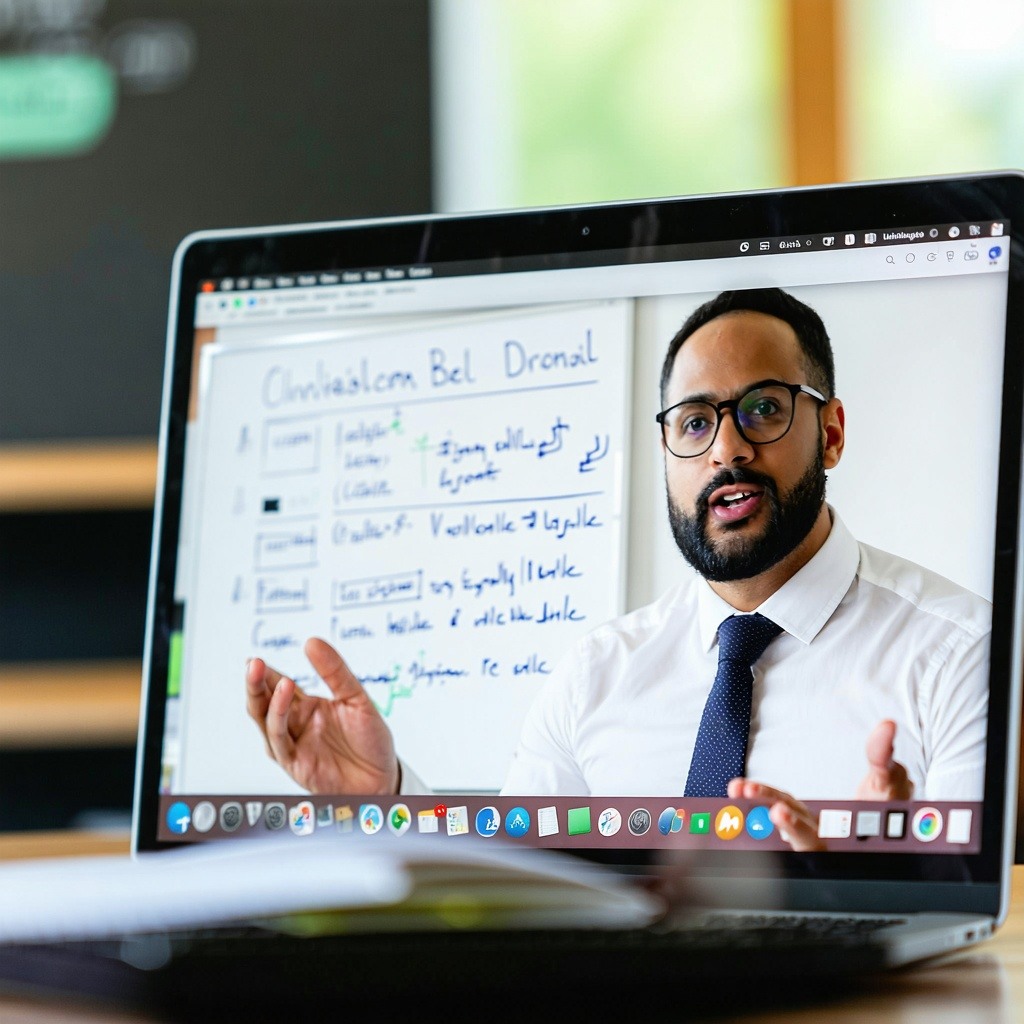 a closeup laptop image showing an image of a college professor teaching a class in front of a whiteboard