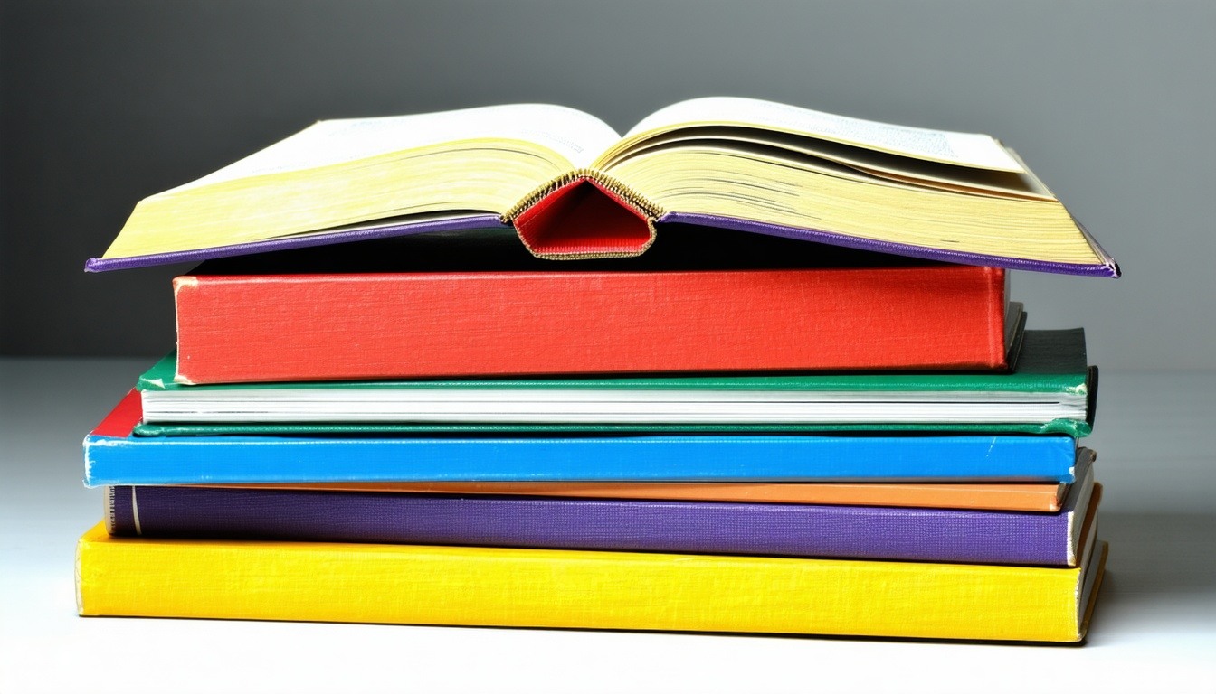 a stack of brightly colored books without titles or words on them   The top book on the stack is open to the middle of the book